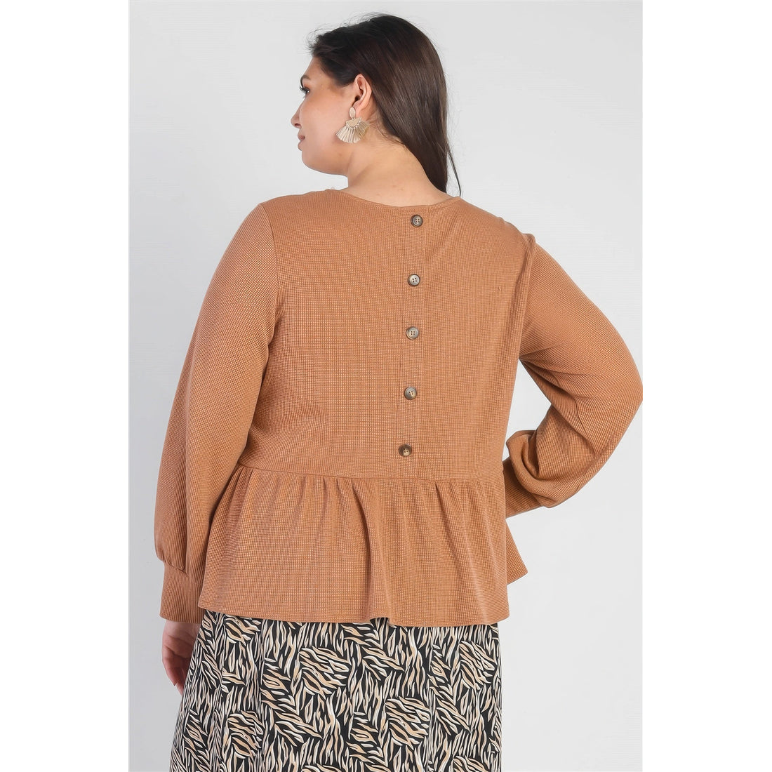 Plus Caramel Waffle Knit Back Button Detail Long Sleeve Top