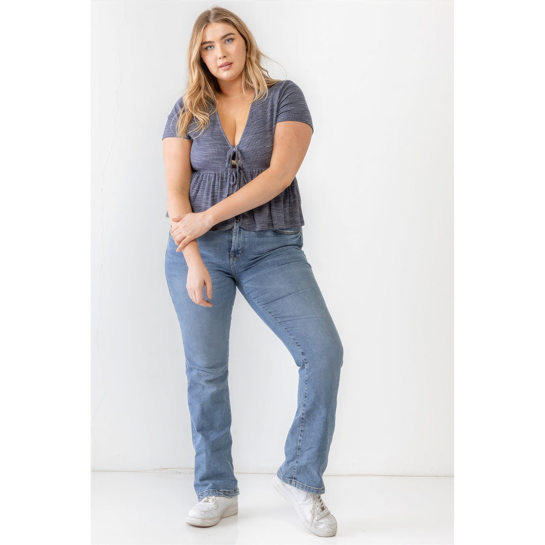 Plus Denim Blue Ribbed U-shape Neck Flare Hem Tie Top