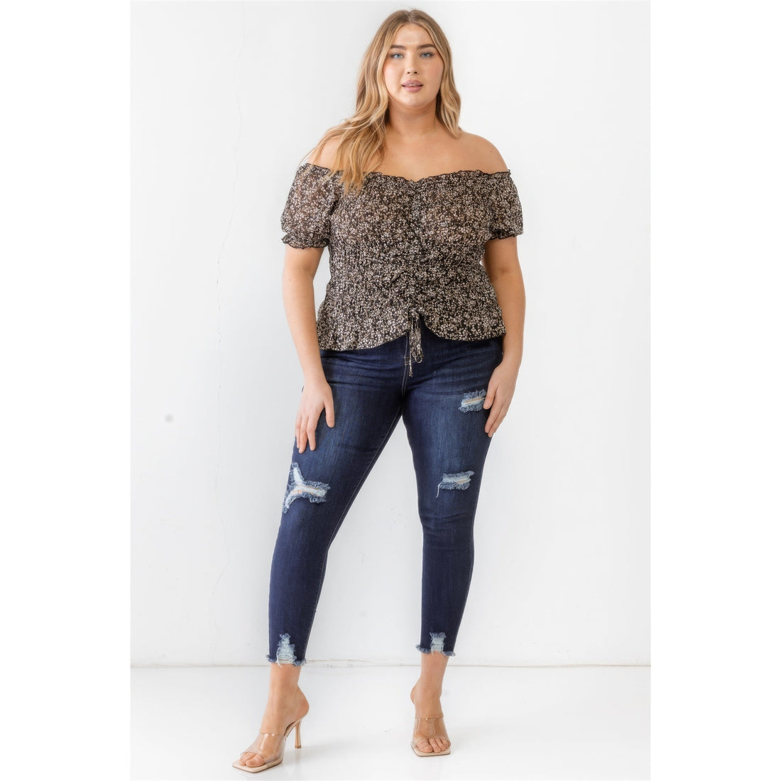 Plus Floral Chiffon Ruched Smocked Off-the-shoulder Top