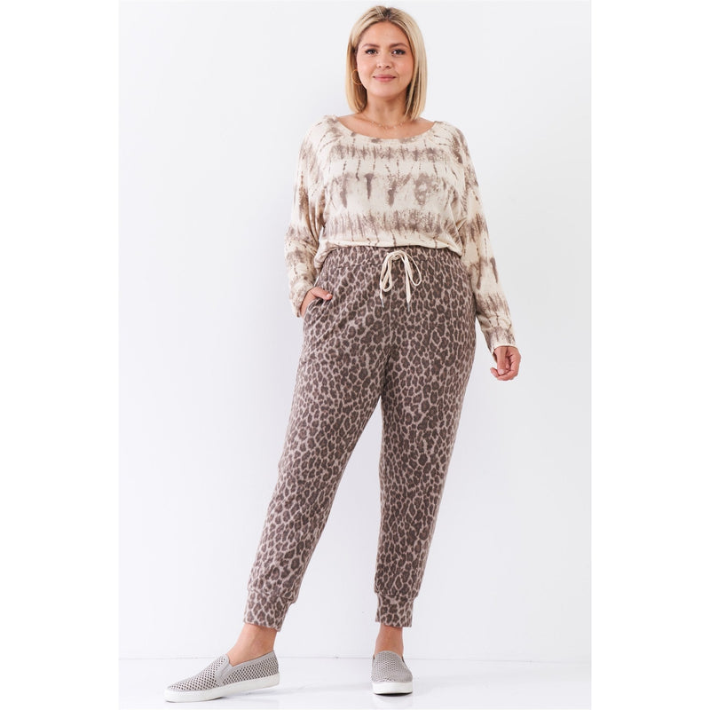 Plus Ivory Acid Wash Print Bateau Neck Relaxed Fit Long Sleeve Top