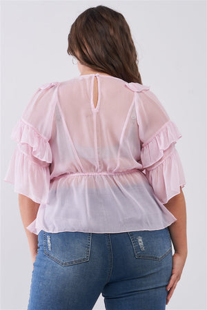 Plus Sheer Mesh Ruffle Lace-up V-neck Detail Wide Sleeve Relaxed Top