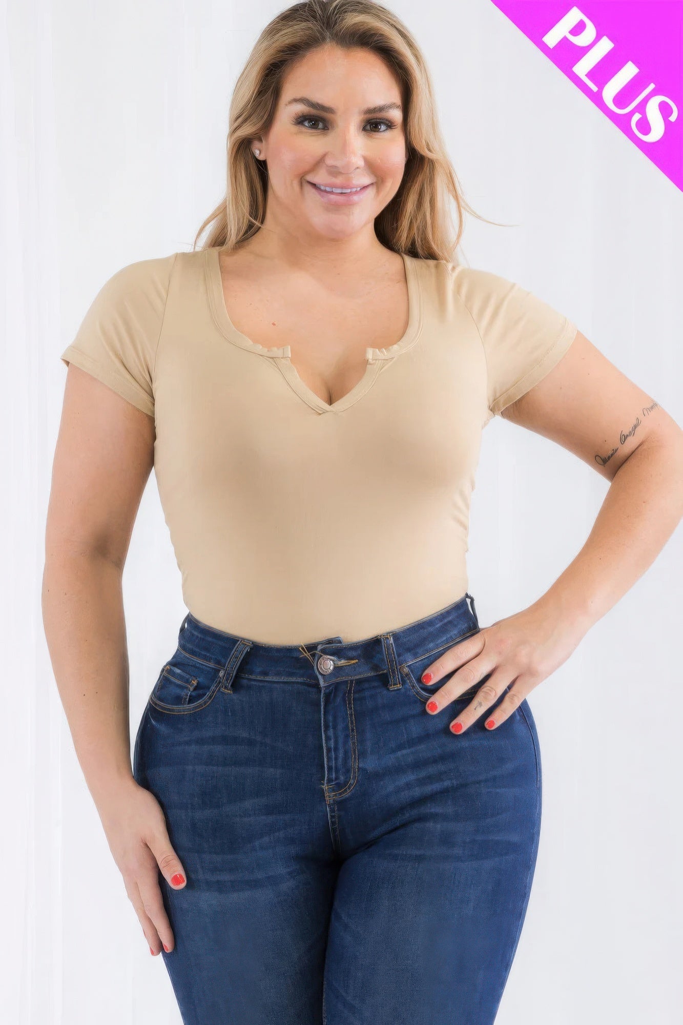 Plus Size Casual Split Neck Solid Short Sleeve Bodysuit