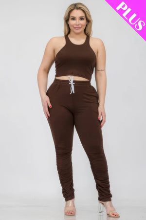 Plus Size Crop Tank Top & Ruched Pants Set