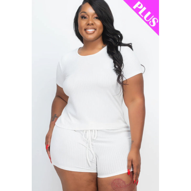 Plus Size Ribbed Short Sleeve Top&shorts Set