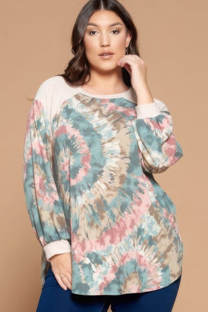 Plus Size Tie Dye French Terry Print Balloon Sleeve Top