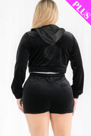 Plus Size Velour Crop Zip Up Hoodie And Shorts Set