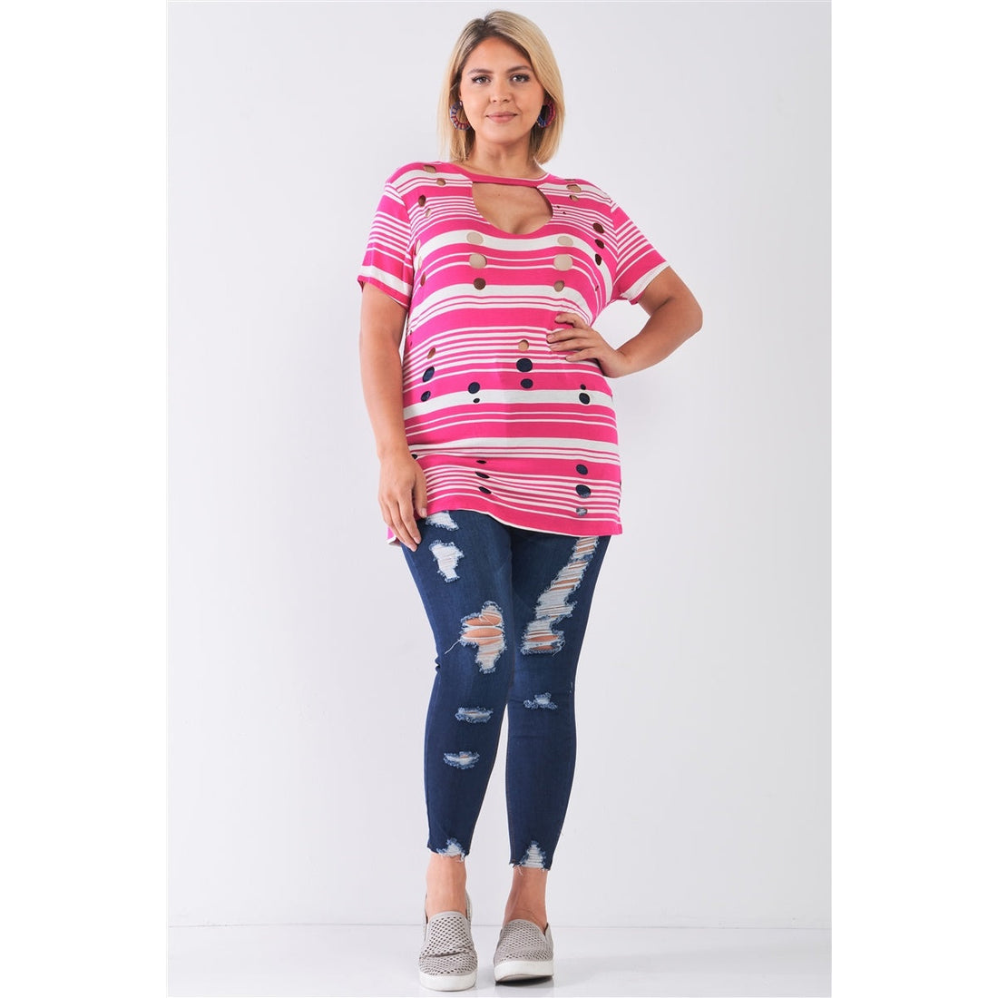 Plus Striped And Distressed Cut-out Top