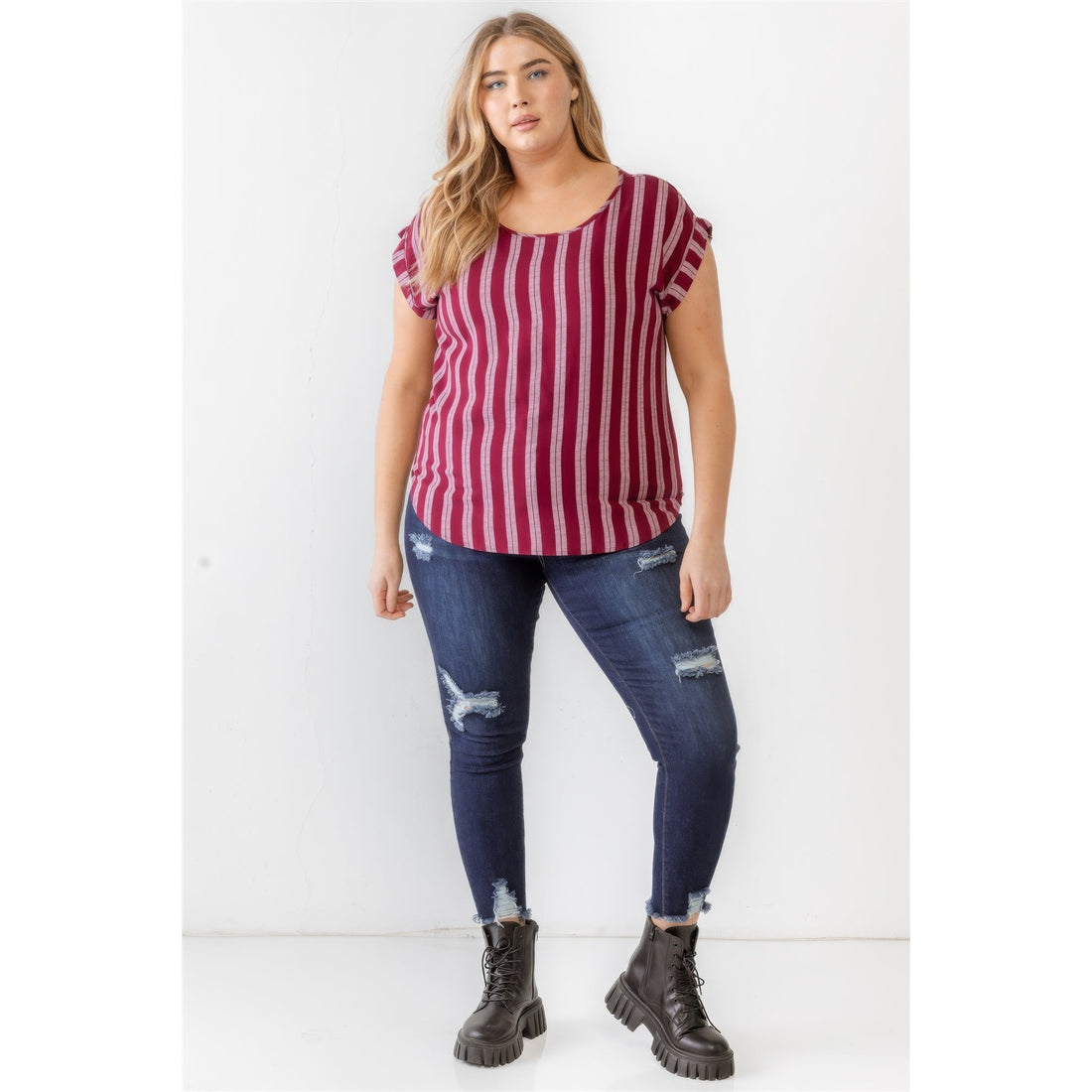 Plus Striped Short Sleeve Relax Top