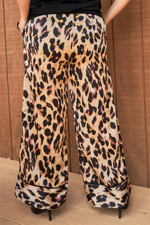 Plus Taupe Combo Leopard Print Satin High-waisted Wide Leg Pants