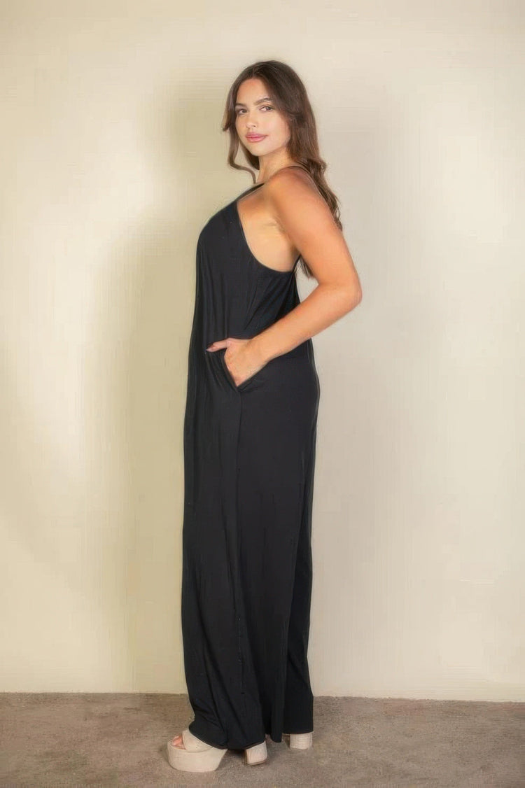 Plus spaghetti strap solid wide jumpsuit