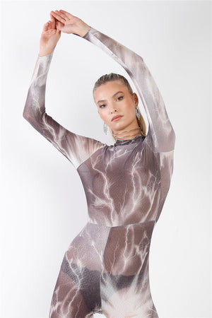 Purple-grey Lightning Print Mock Neck Long Sleeve With Finger Loop Fitted Catsuit /jumpsuit