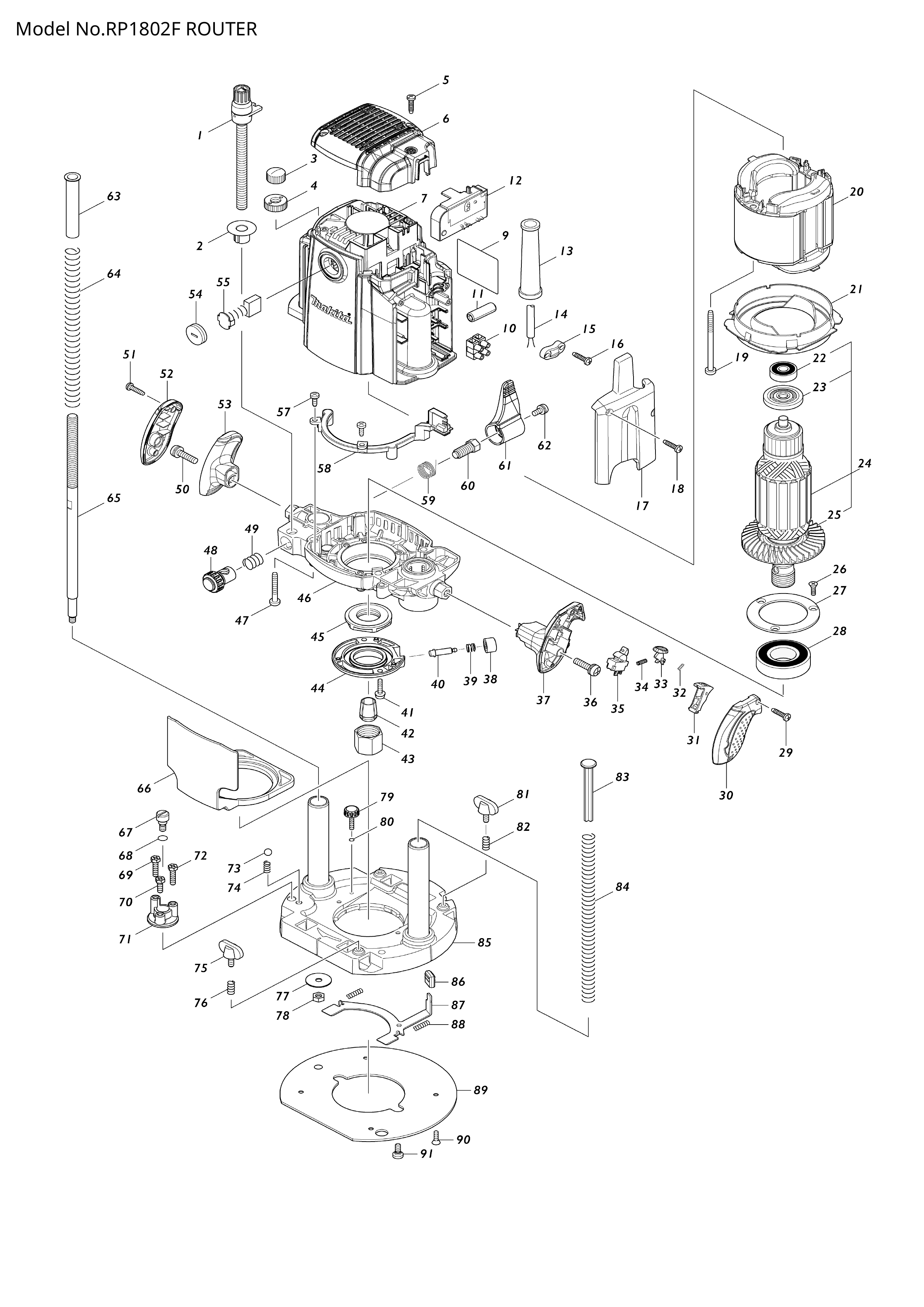 Makita RP1802F — сборочный чертёж, лист 1, деталь 620H08-2 поз. 012