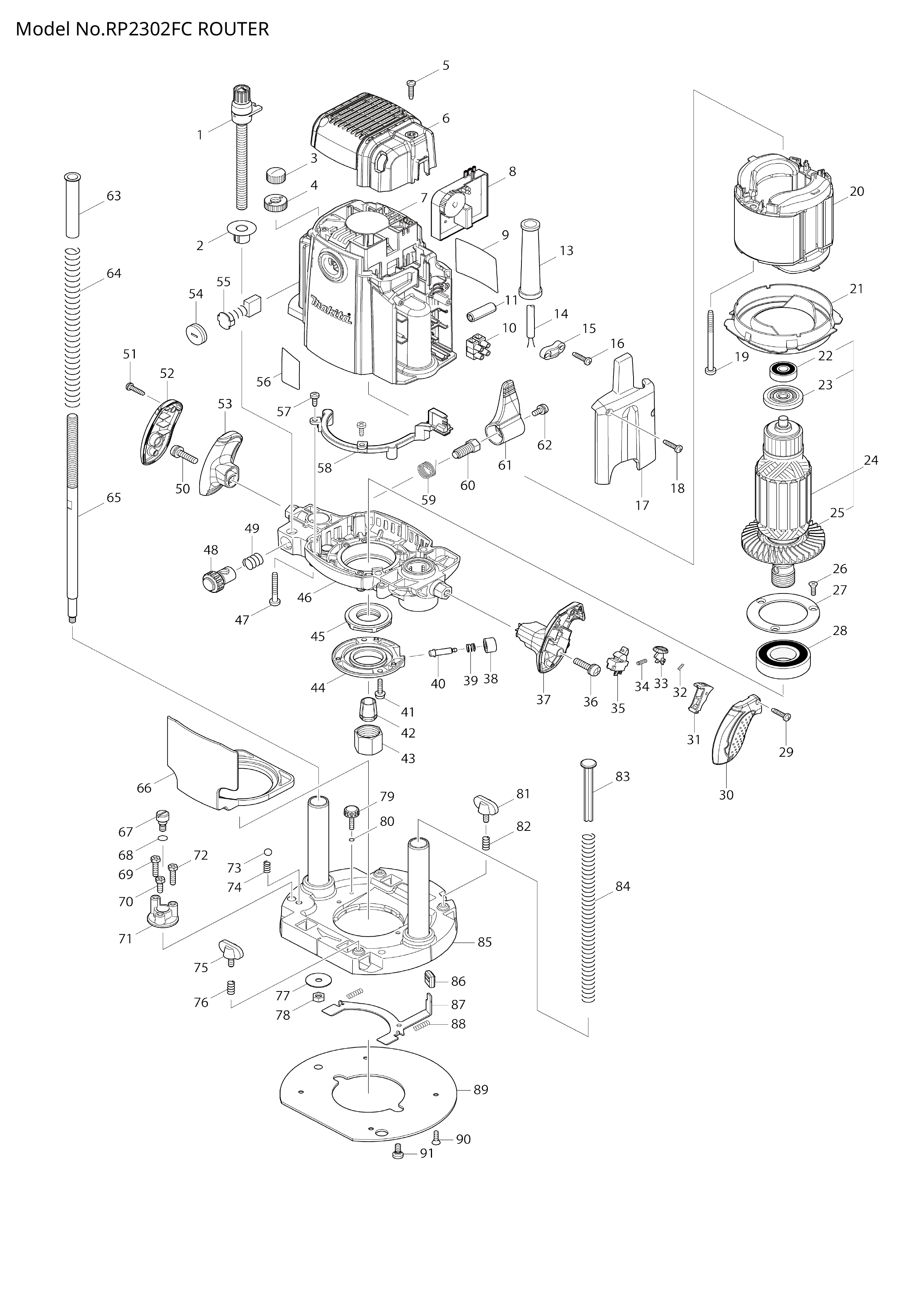 Makita RP2302FC — сборочный чертёж, лист 1, деталь 620H06-6 поз. 008