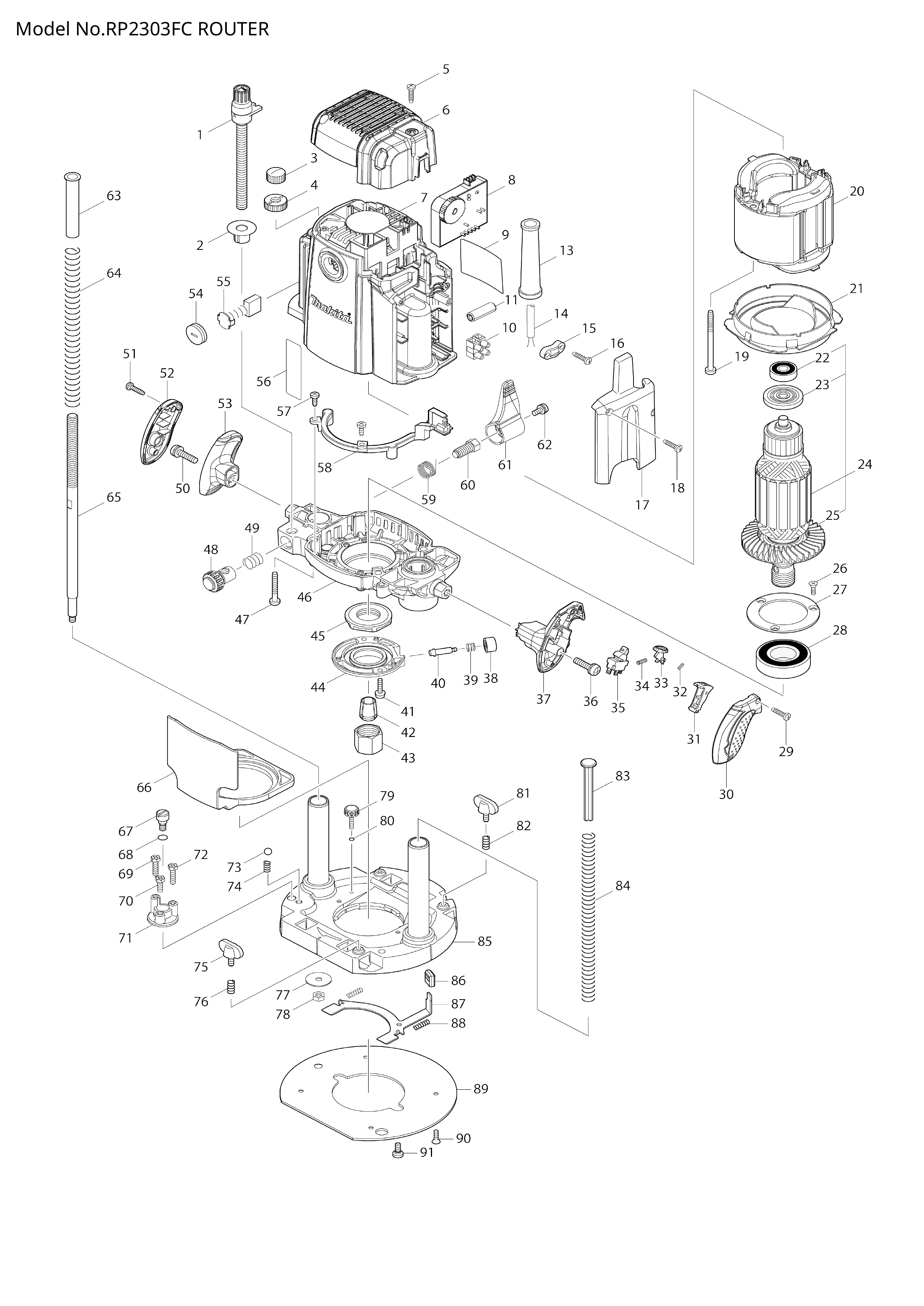 Makita RP2303FC — сборочный чертёж, лист 1, деталь 141F98-5 поз. 007