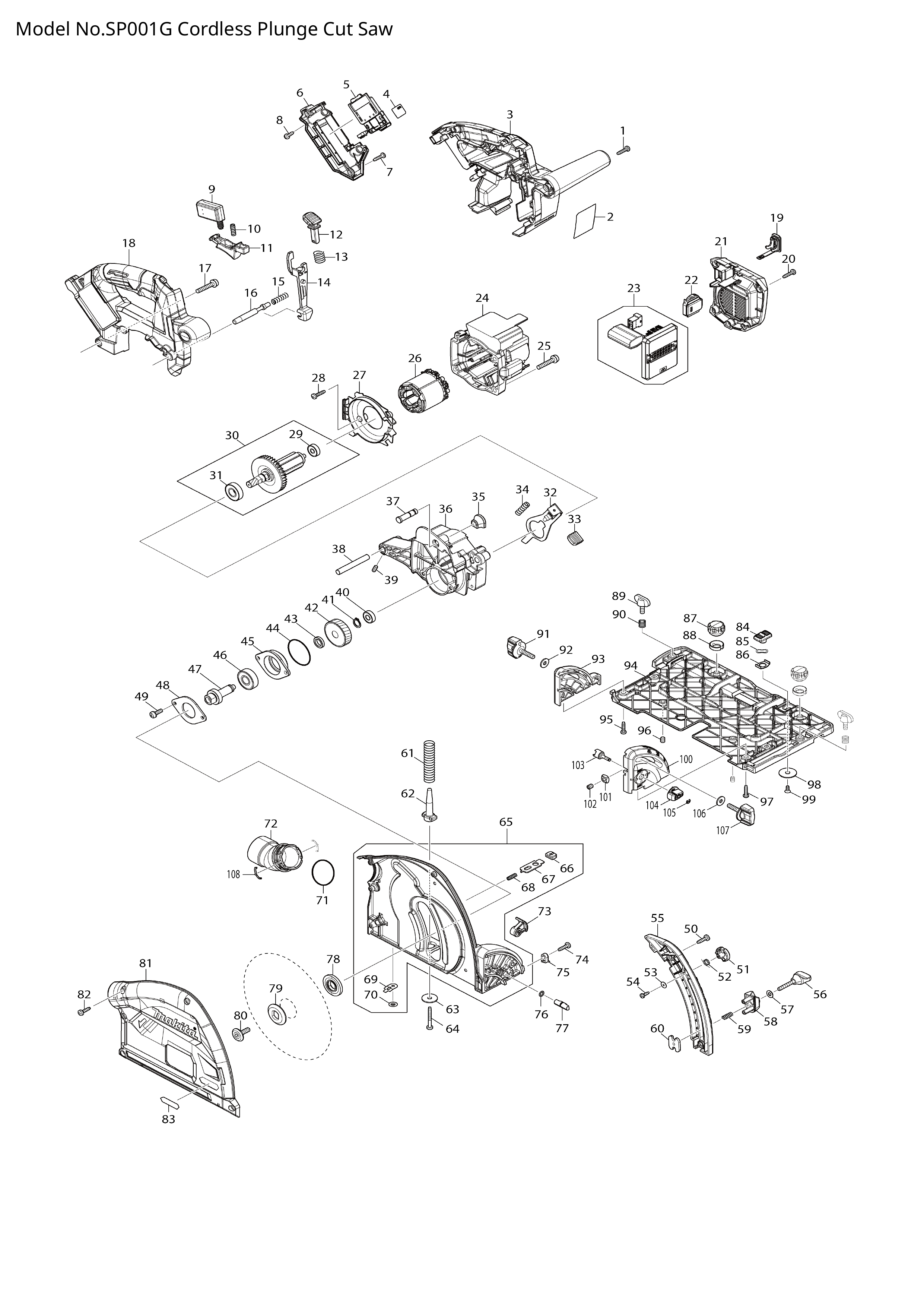 Makita SP001G — сборочный чертёж, лист 1, деталь 413844-3 поз. 021
