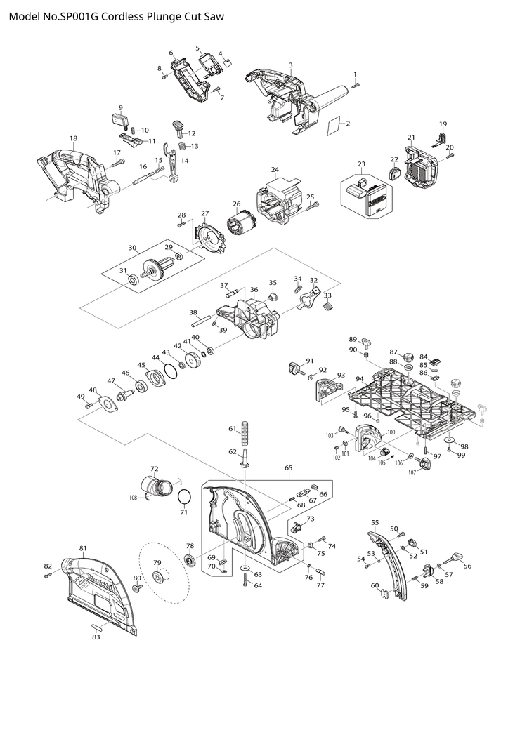 Makita SP001G — сборочный чертёж, лист 1, деталь 413844-3 поз. 021