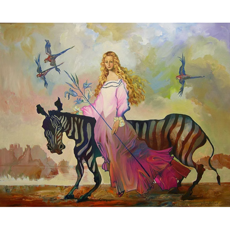 Girl and zebra, painting by Master Victor
