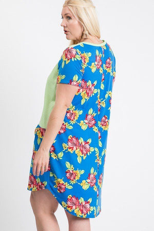 Short Sleeve Floral Blocked Midi Dress With Front Pocket