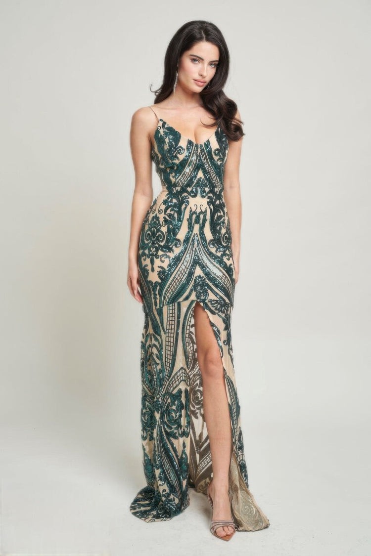 Spaghetti Strap Art Deco Sequins Maxi Dress