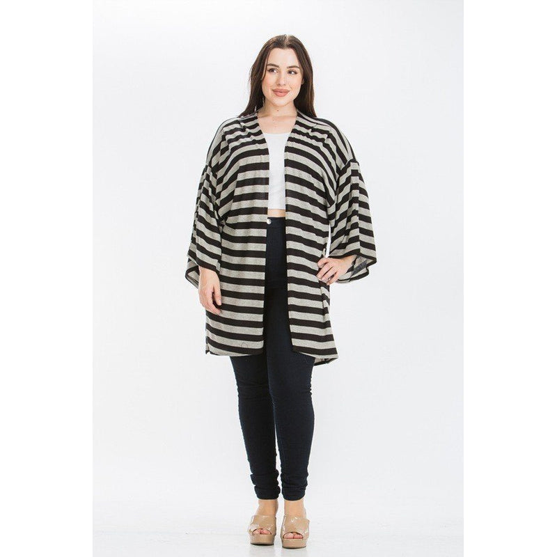 Striped, Cardigan With Kimono Style Sleeves