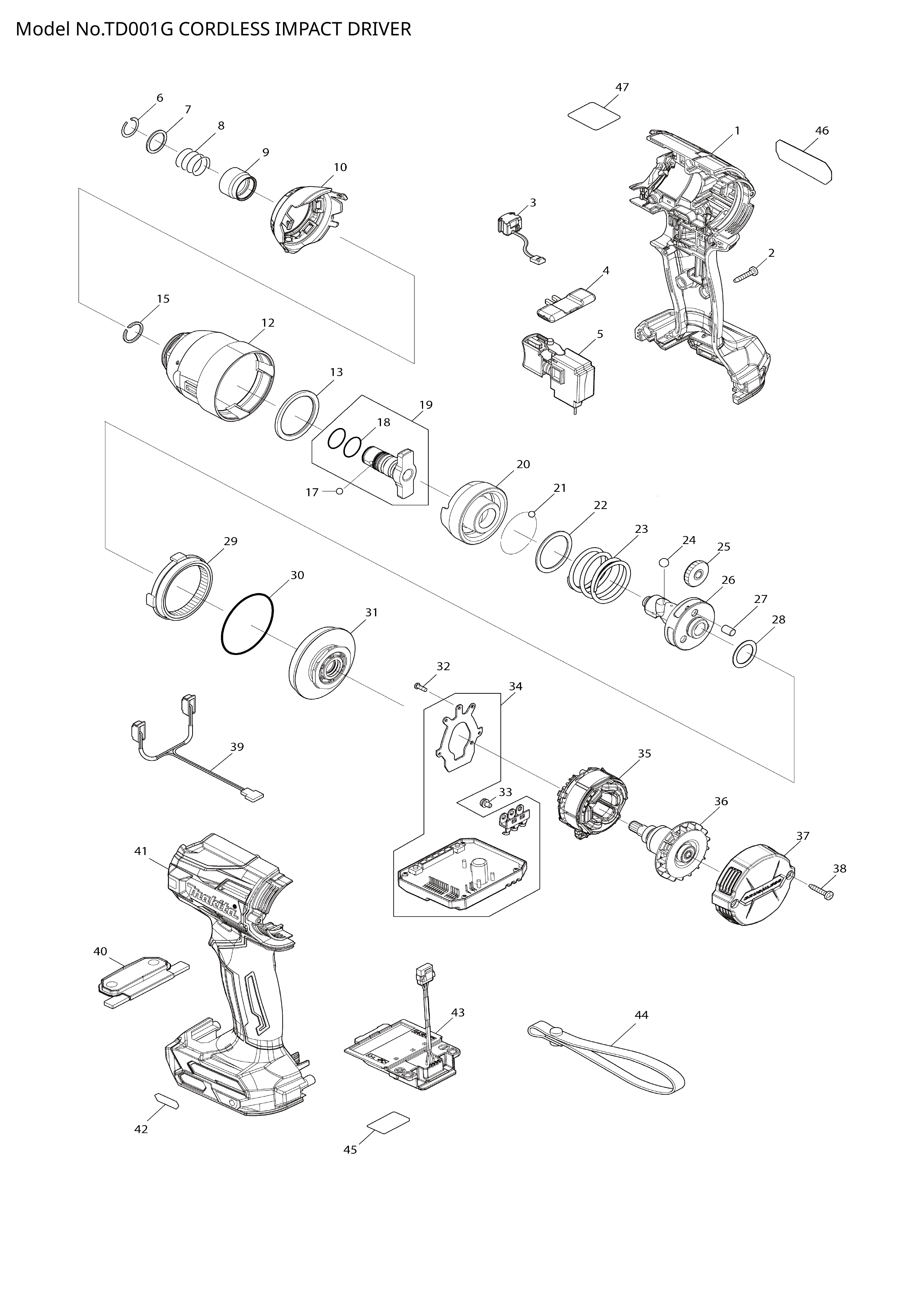 Makita TD001G — сборочный чертёж, лист 1, деталь 620B96-3 поз. 034