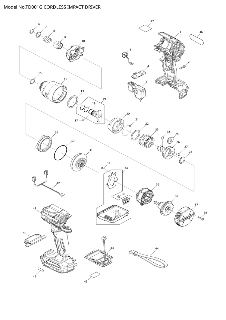 Makita TD001G — сборочный чертёж, лист 1, деталь 620B96-3 поз. 034