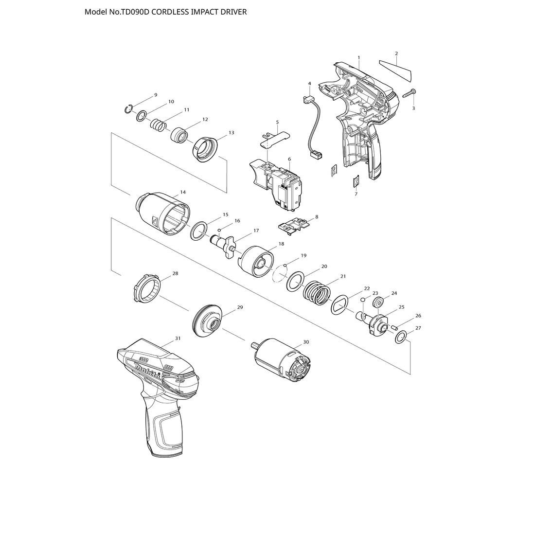 Makita TD090D — сборочный чертёж, лист 1, деталь 141104-0 поз. A06-1