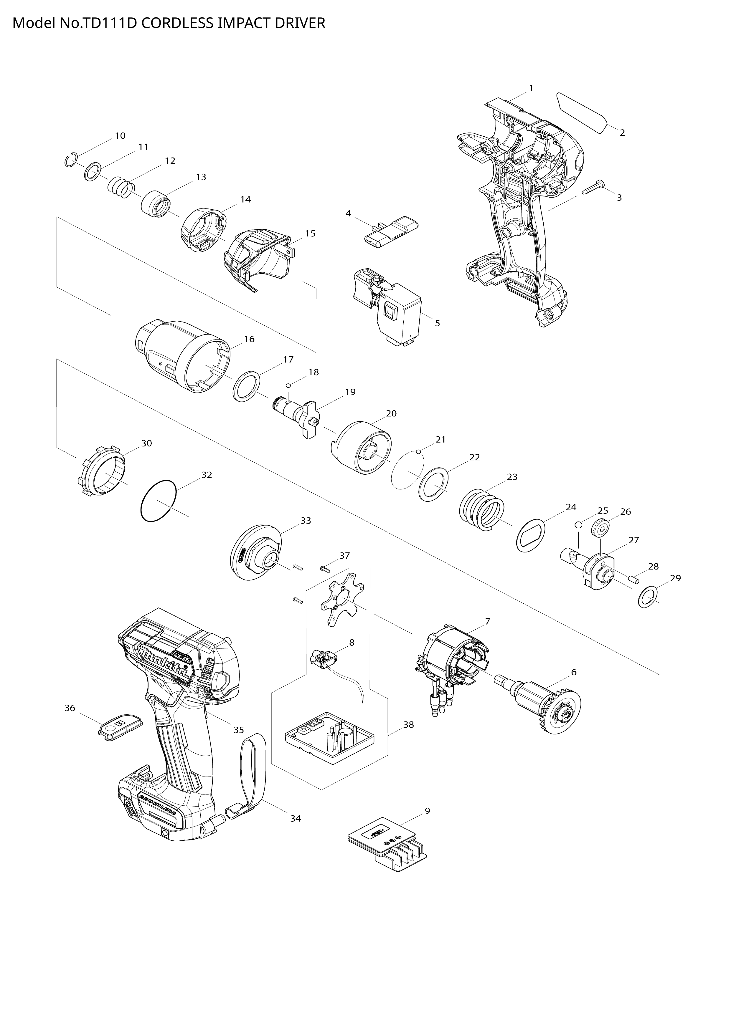 Makita TD111D — сборочный чертёж, лист 1, деталь 629232-6 поз. 007