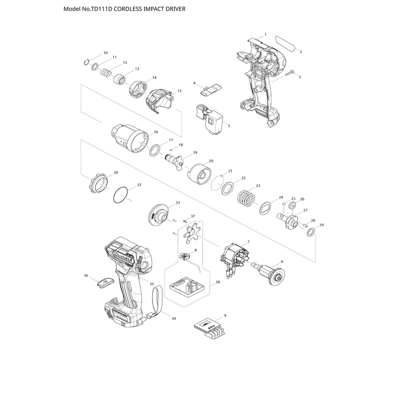 Makita TD111D — сборочный чертёж, лист 1, деталь 629232-6 поз. 007