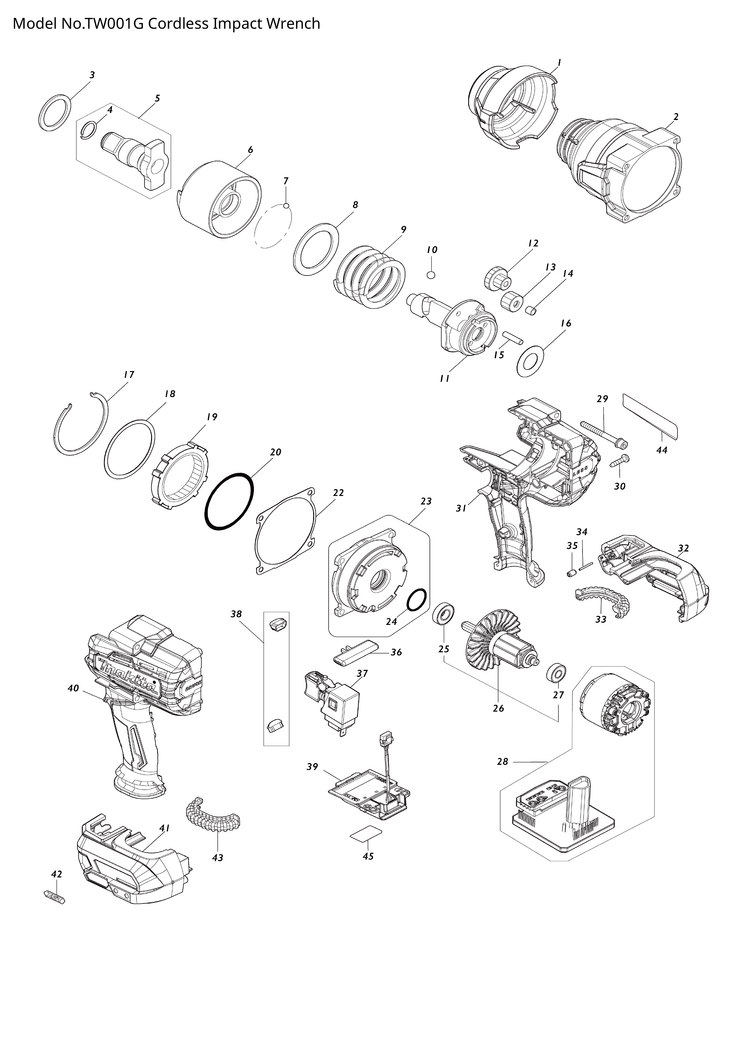 Makita TW001G — сборочный чертёж, лист 1, деталь 629A16-8 поз. 028