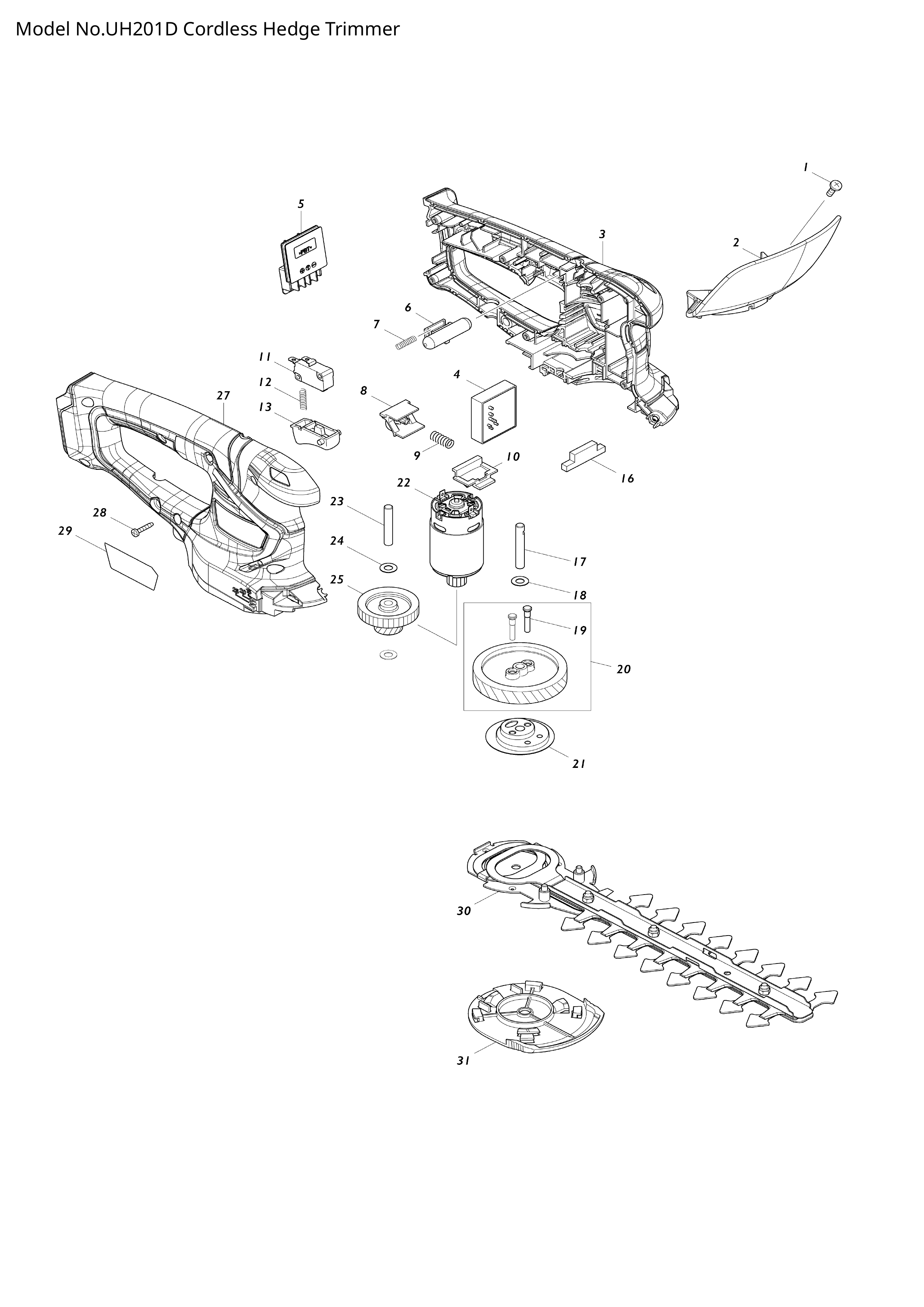 Makita UH201D — сборочный чертёж, лист 1, деталь 629258-8 поз. 022