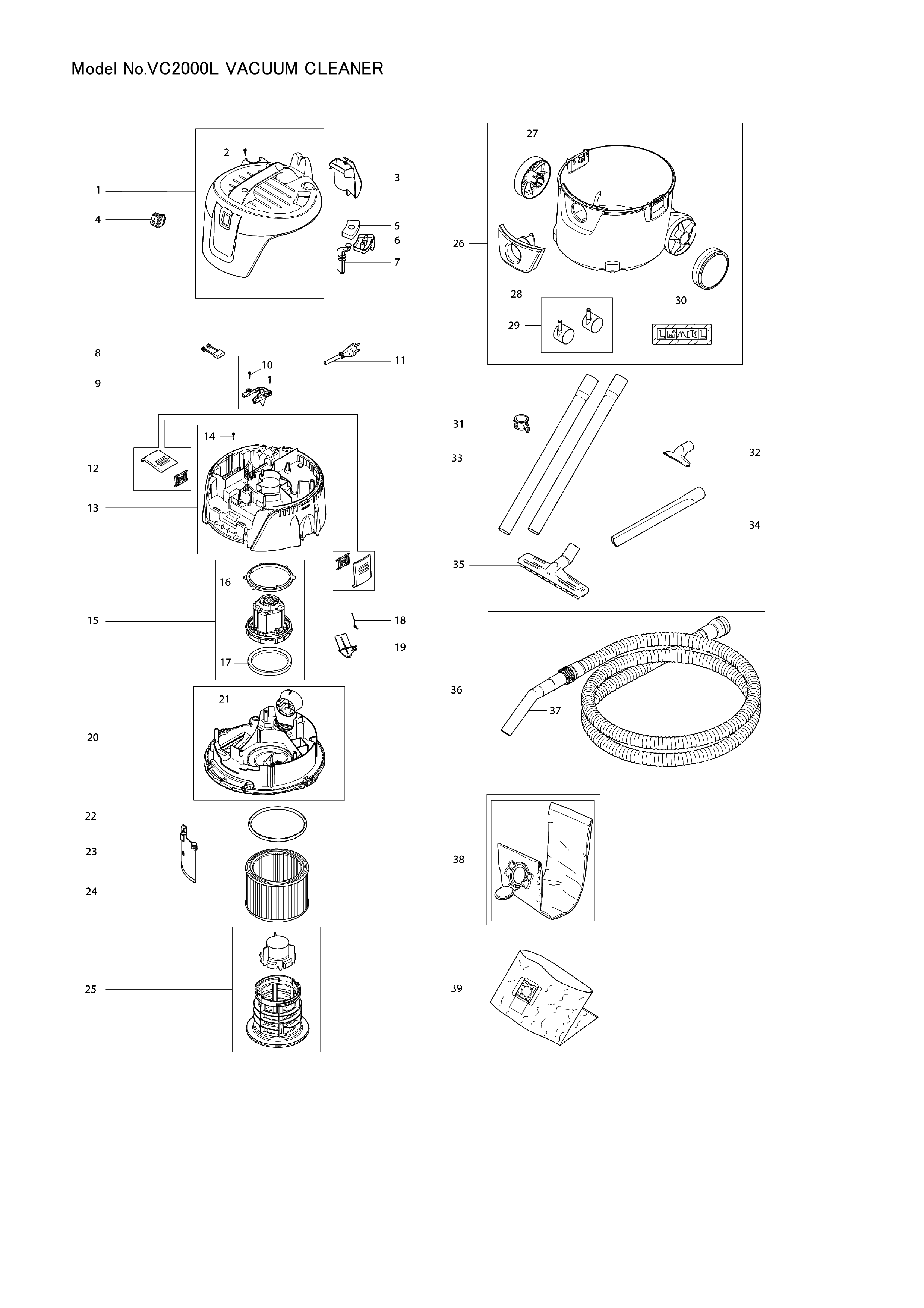 Makita VC2000L — сборочный чертёж, лист 1, деталь W107409165 поз. 022