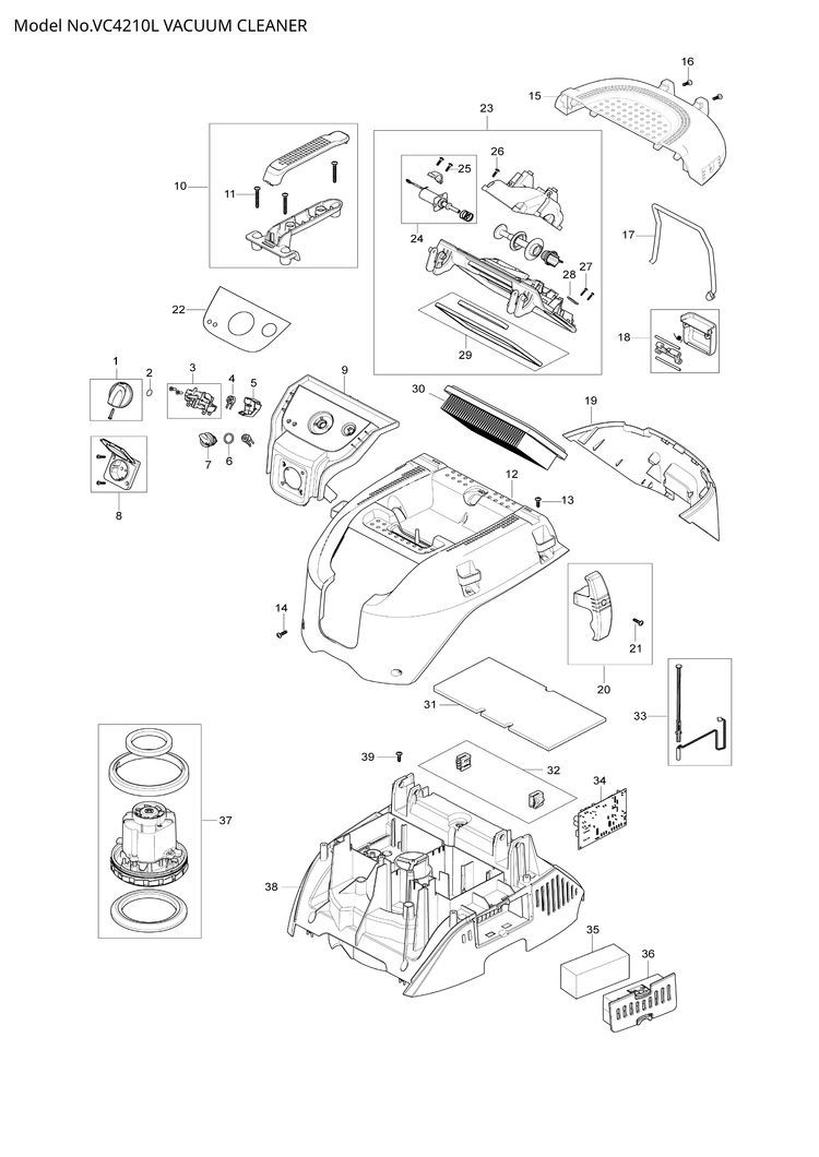 Makita VC4210L — сборочный чертёж, лист 1, деталь W107415090 поз. 029