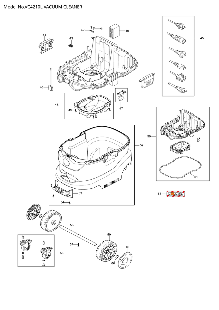Makita VC4210L — сборочный чертёж, лист 2, деталь W107415090 поз. 029