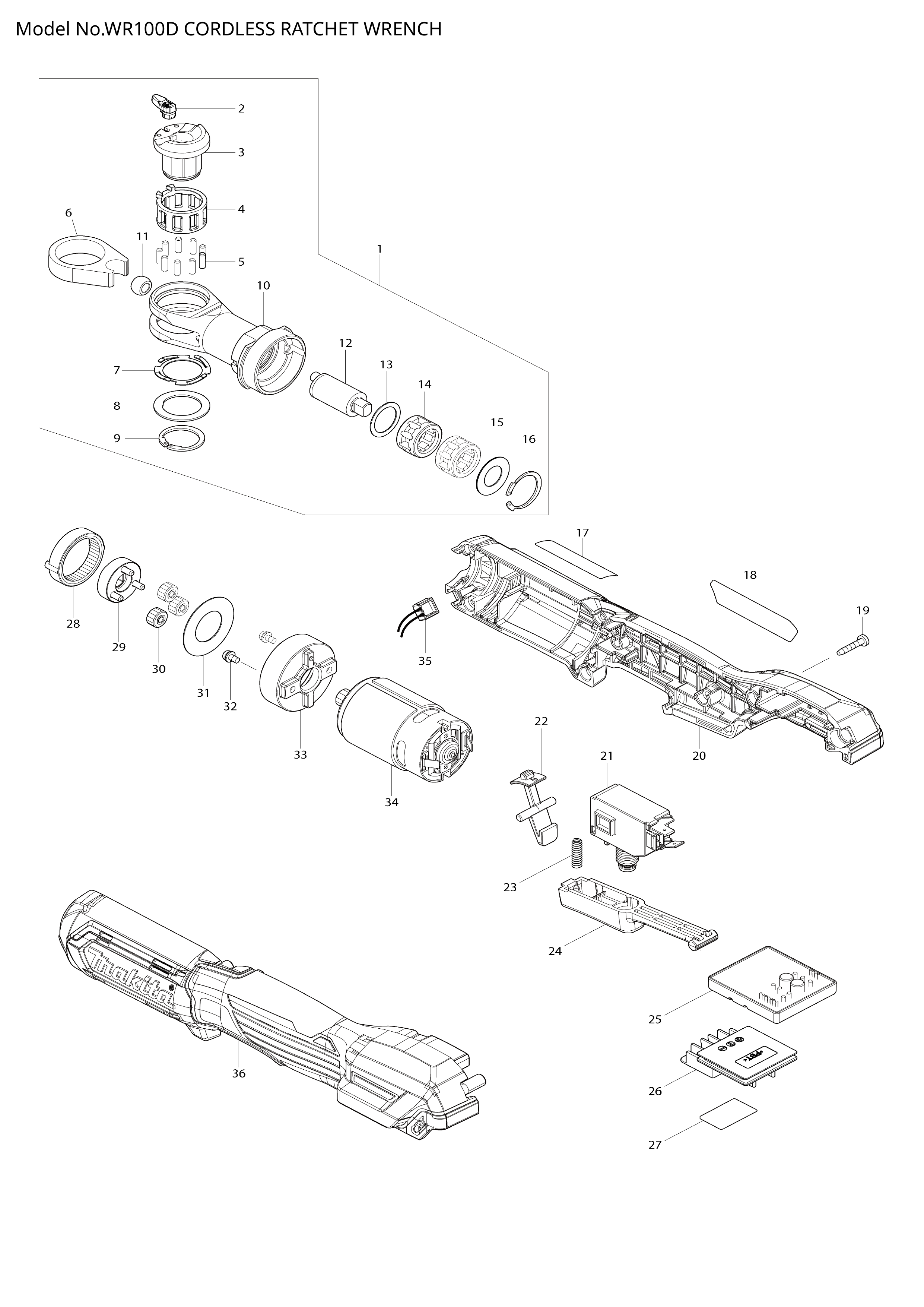 Makita WR100D — сборочный чертёж, лист 1, деталь 629413-2 поз. 034