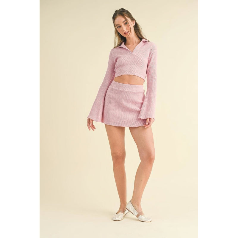 Waffle Knit Bell Sleeve Top And Skirt Set