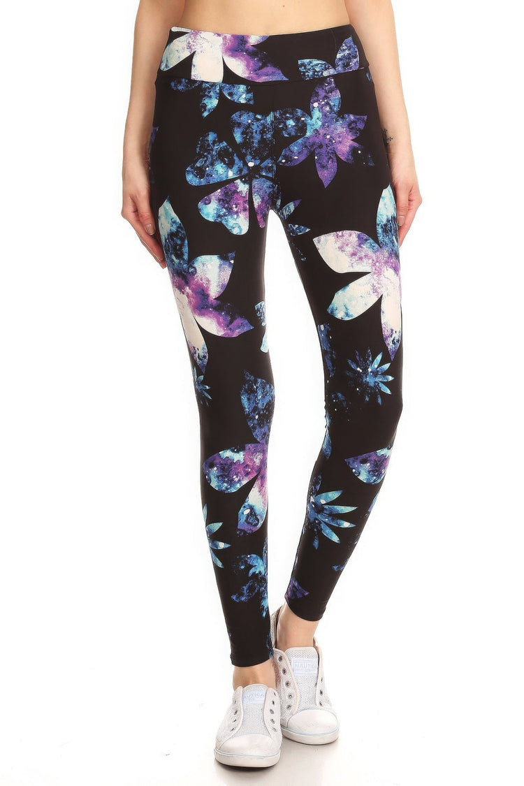 Yoga Style Banded Lined Galaxy Silhouette Floral Print, Full Length Leggings In A Slim Fitting Style With A Banded High Waist