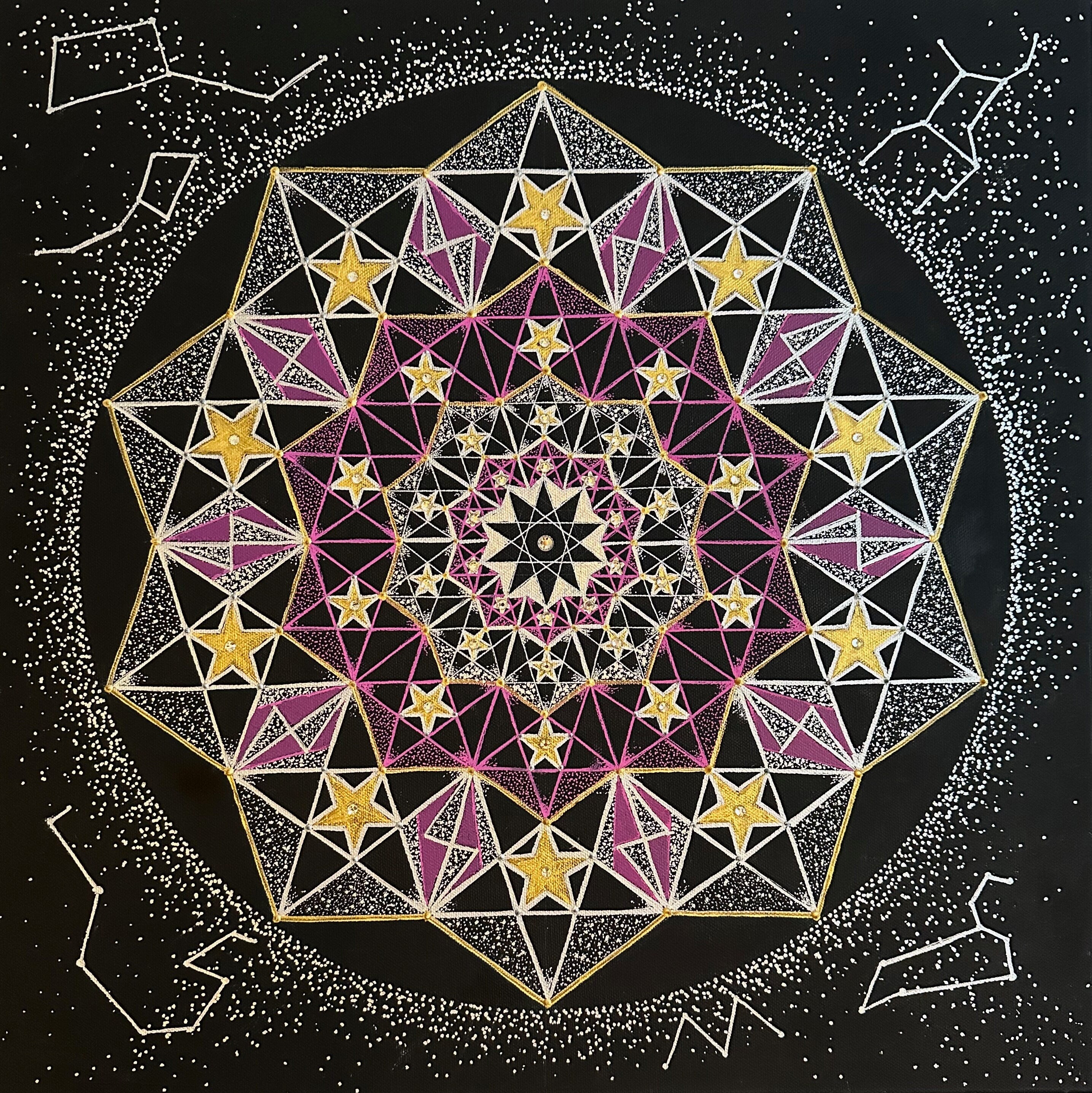 Mandala, peinture d'énergie, géométrie sacrée, pentagramme, étoiles