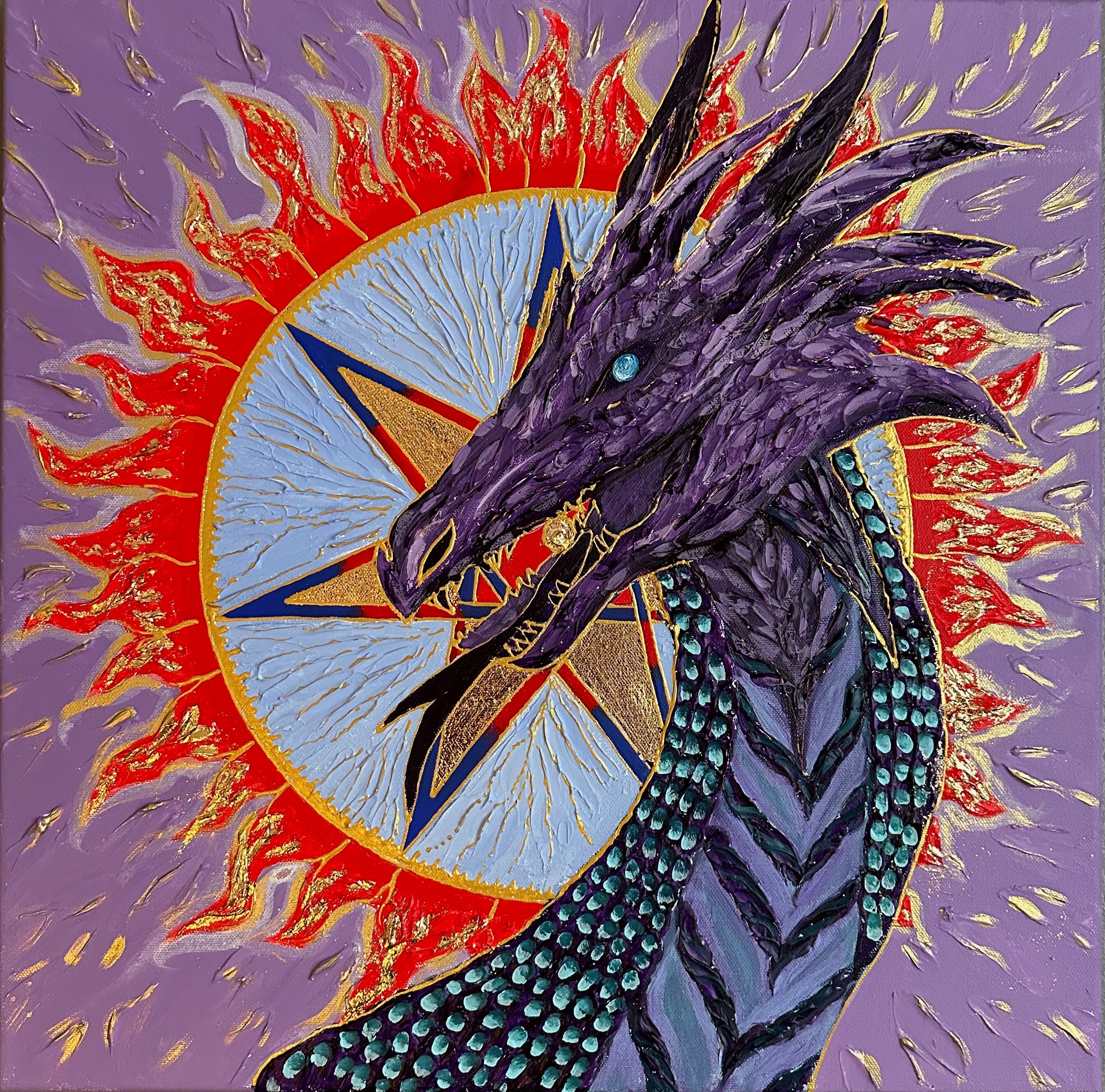 Dragon, Soleil ardent, septagramme, mandala, géométrie sacrée