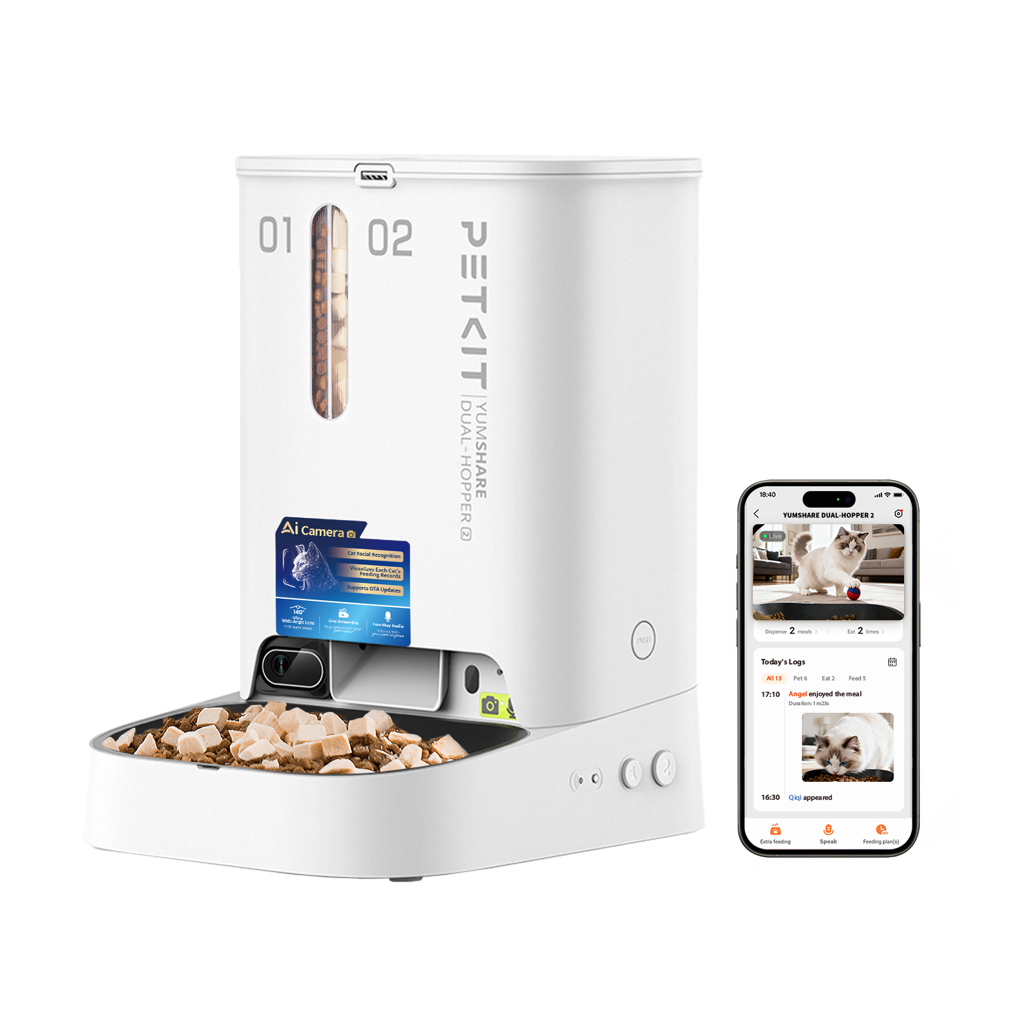 PETKIT YumShare Dual-hopper 2 Automatic Feeder with Camera, Capacity 5 L, Material ABS, 304 stainless steel, White