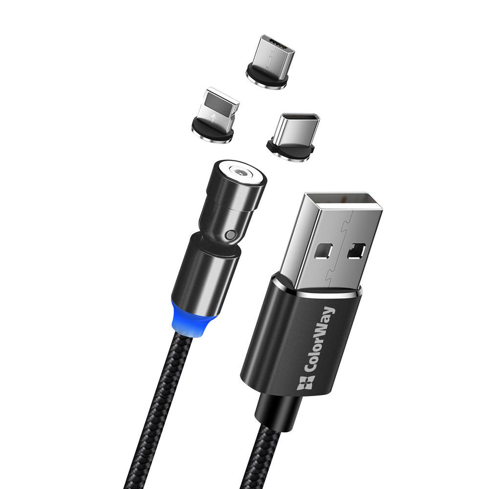 ColorWay CW-CBUU037-BK — Cable 3in1 (Lightning+MicroUSB+Type-C) Magnetic Rotation 540° 2.4А, 1m