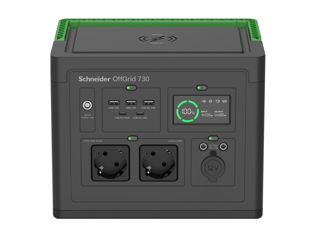 Schneider Electric PPS730-GR — OffGrid Portable Power Station 730, 738Wh Lithium-ion, LCD, 2 CEE 7/3 Schuko outlets, Sinewave, 3 USB-A, 2 USB-C, Wireless Charger