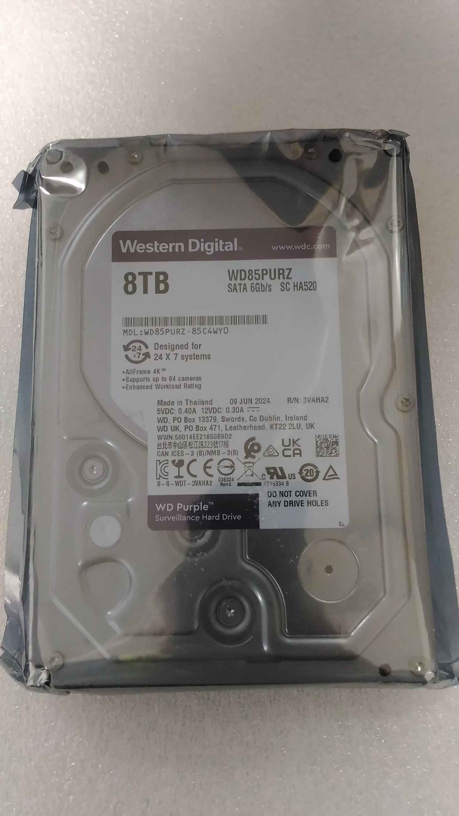 Western Digital Purple Surveillance WD85PURZ — Surveillance Hard Drive, 5640 RPM, 8000 GB