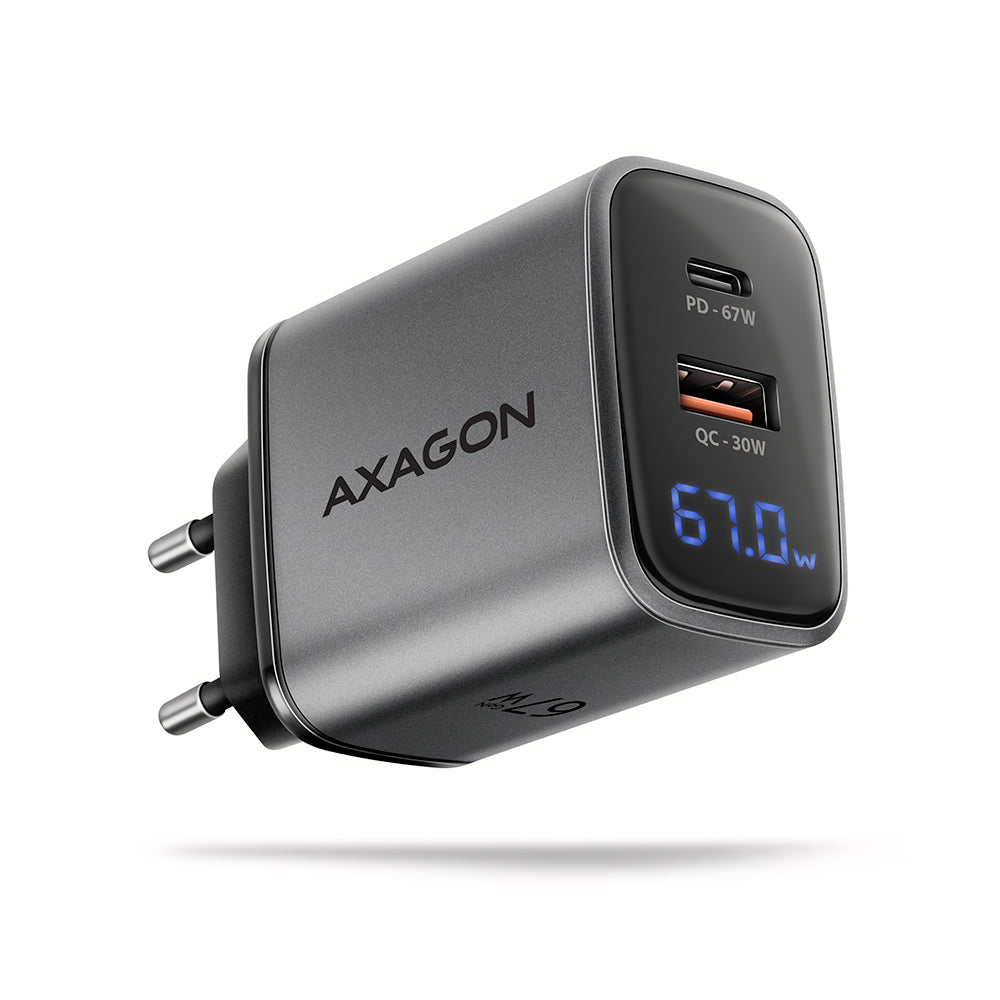 AXAGON ACU-PQ67D — Wall charger 67W, USB-A + USB-C, PD3.0/PPS/QC4+/SF