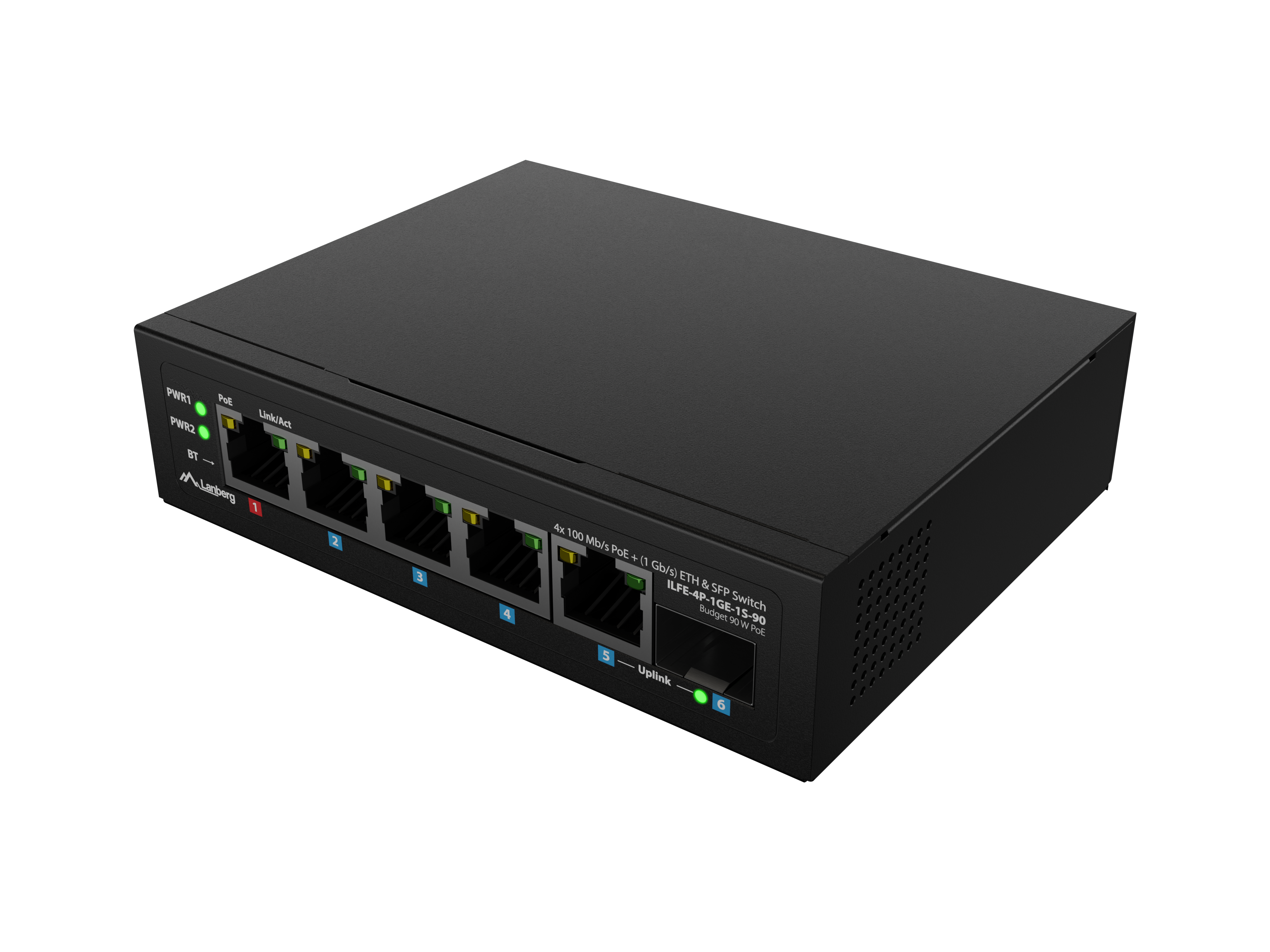 Lanberg ILFE-4P-1GE-1S-90 — Switch PoE 1xBT 3xAT SFP/ETH Din Unmanagment Fast Ethernet