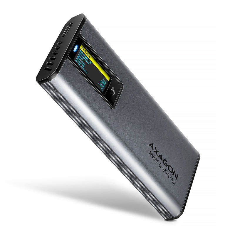 AXAGON EEM2-SD2 — External USB-C 10Gbps metal box with info display for M.2 NVMe and SATA SSD