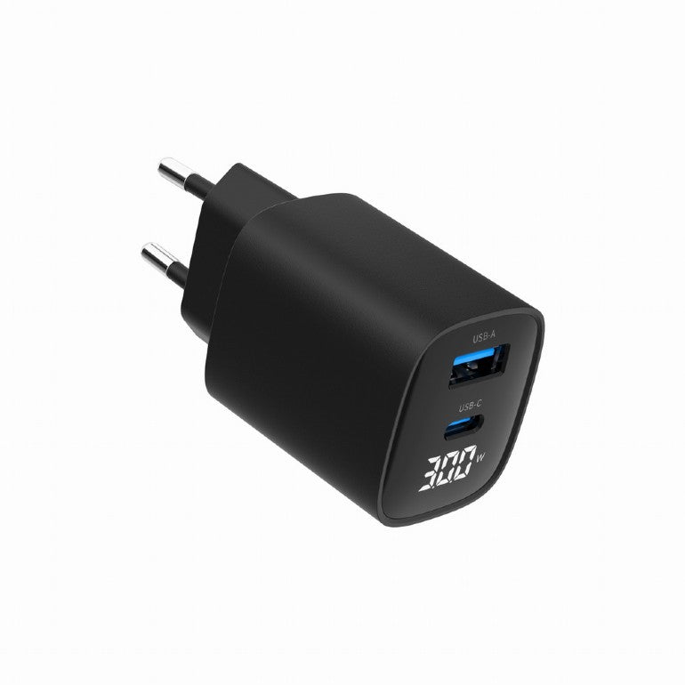 Gembird TA-UC-PDQC30LCD-BK-01 — 2-port 30W USB fast charger, LCD