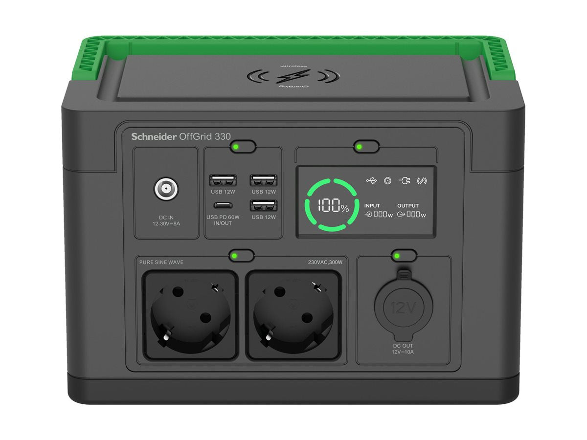 Schneider Electric PPS330-GR — Schneider OffGrid Portable Power Station 330, 230V, 332Wh Lithium-ion, LCD, 2 CEE 7/3 Schuko outlets, Sinewave, 3 USB-A, 1 USB-C, Wireless Charger