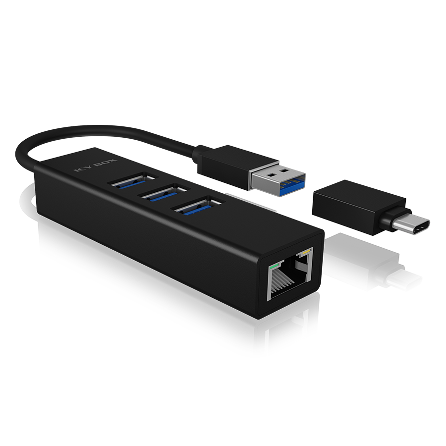 Raidsonic Icy Box IB-HUB1419-LAN — 4 Port Hub with USB 3.0 Type-A, Type-C, Gigabit LAN