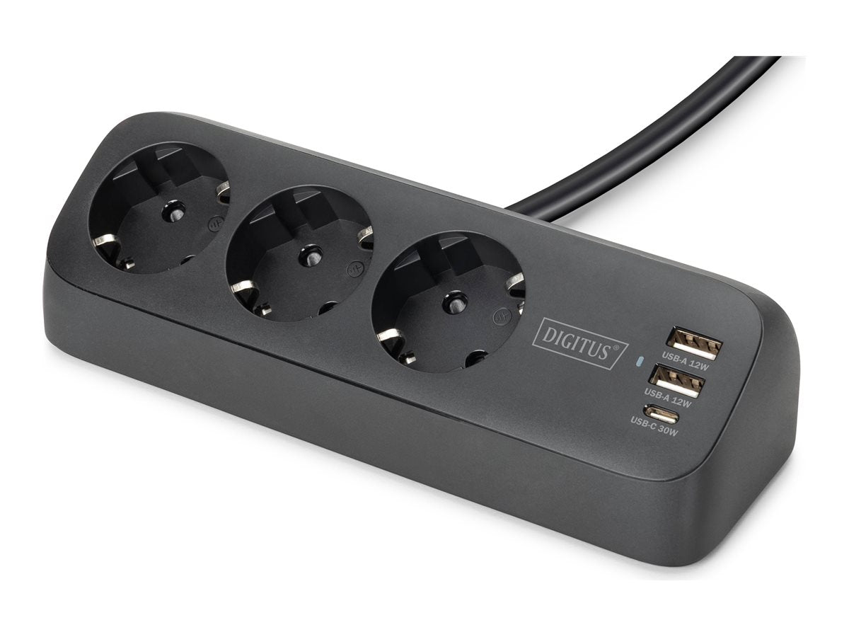 Digitus DA-70625 — 3-way office socket strip with 2x USB-A and 1x USB-C connections